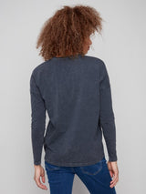 Charlie B Beaded Vintage Wash V-Neck Knit Top| Charcoal