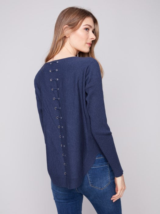 Charlie B Sweater with Back Lace-Up Detail | Denim