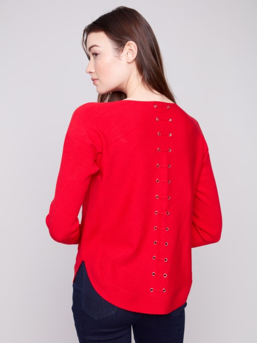 Charlie B Sweater with Back Lace-Up Detail | Crimson
