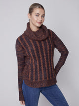 Charlie B Two-Toned Cable Knit Cowl Neck Sweater Cinnamon