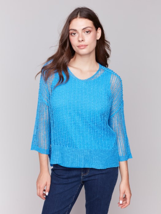 Charlie B Fishnet Crochet Sweater | Lagoon