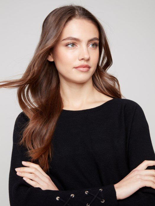 Charlie B Sweater with Lace-Up Cuffs | Black