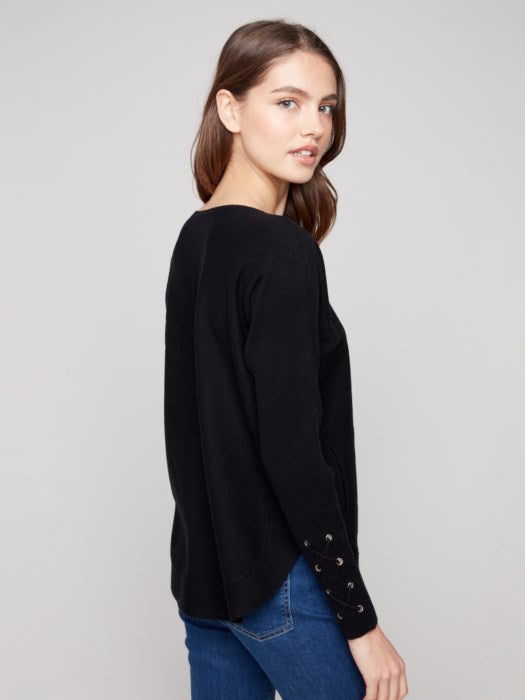 Charlie B Sweater with Lace-Up Cuffs | Black