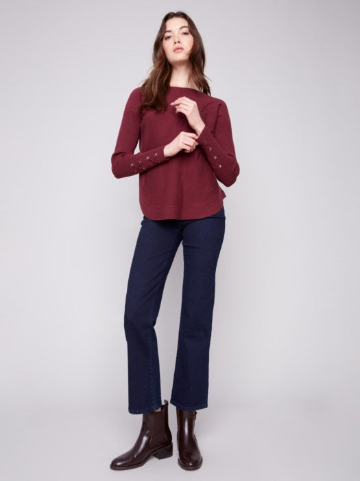 Charlie B Sweater with Lace-Up Cuffs | Cabernet