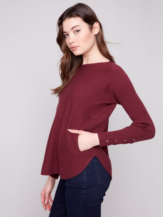 Charlie B Sweater with Lace-Up Cuffs | Cabernet