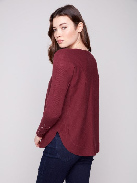 Charlie B Sweater with Lace-Up Cuffs | Cabernet