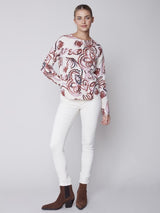 Charlie B Printed Crew Neck Sweater with Frayed Edge Beige