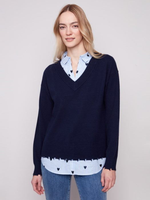 Charlie B V-Neck Sweater with Poplin Shirt Collar | Navy