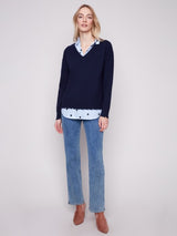 Charlie B V-Neck Sweater with Poplin Shirt Collar | Navy