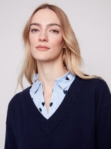 Charlie B V-Neck Sweater with Poplin Shirt Collar | Navy