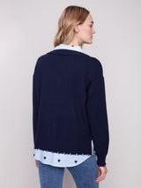Charlie B V-Neck Sweater with Poplin Shirt Collar | Navy