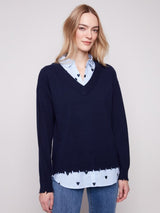 Charlie B V-Neck Sweater with Poplin Shirt Collar | Navy