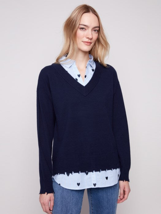 Charlie B V-Neck Sweater with Poplin Shirt Collar | Navy
