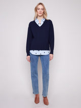 Charlie B V-Neck Sweater with Poplin Shirt Collar | Navy