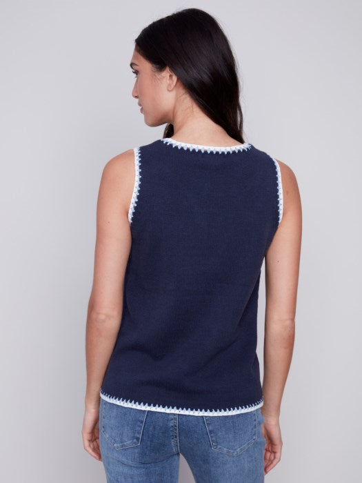 Charlie B Sleeveless Knit Top with Crochet Detail Navy