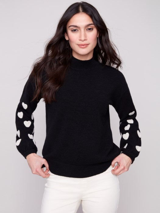 Charlie B Mock Neck Sweater with Boucle Heart Embroidery | Black