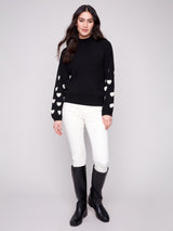 Charlie B Mock Neck Sweater with Boucle Heart Embroidery | Black