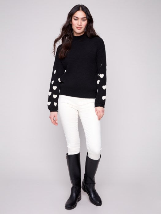 Charlie B Mock Neck Sweater with Boucle Heart Embroidery | Black