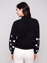 Charlie B Mock Neck Sweater with Boucle Heart Embroidery | Black