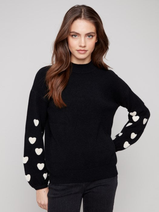 Charlie B Mock Neck Sweater with Boucle Heart Embroidery | Black