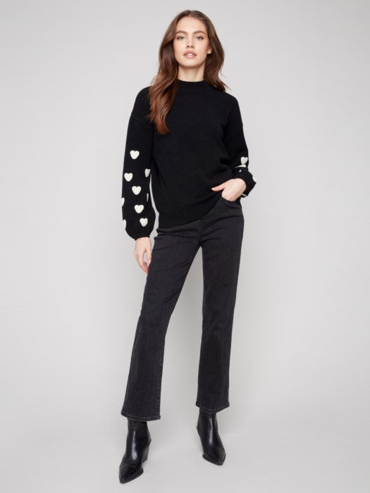 Charlie B Mock Neck Sweater with Boucle Heart Embroidery | Black
