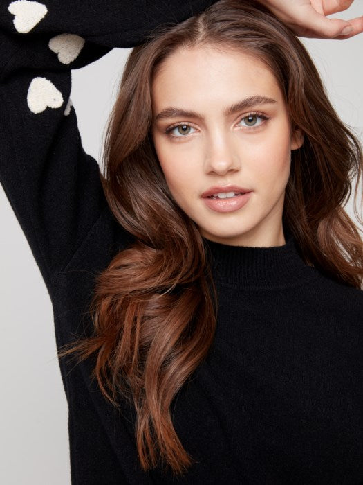 Charlie B Mock Neck Sweater with Boucle Heart Embroidery | Black