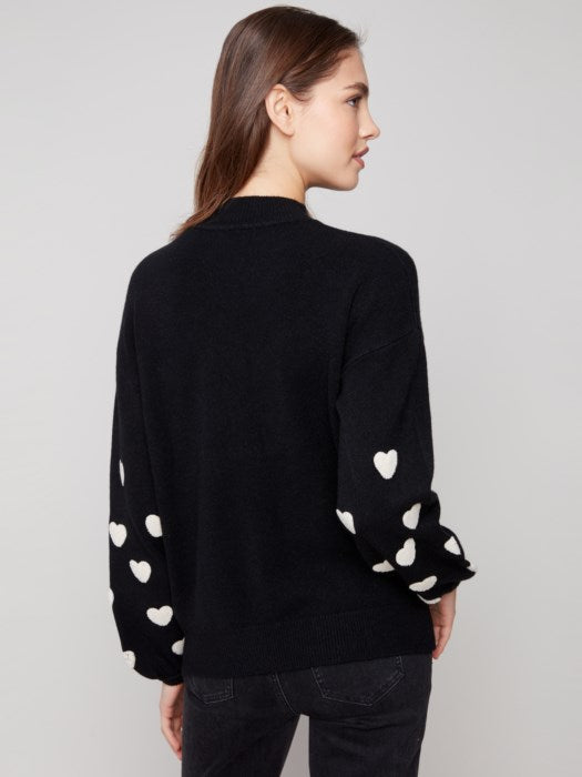 Charlie B Mock Neck Sweater with Boucle Heart Embroidery | Black