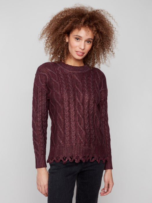 Charlie B Metallic Cable Knit Sweater | Cabernet