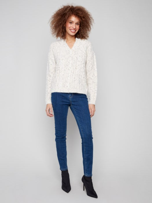 Charlie B Notched Neck Sweater | Ecru