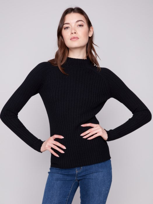 Charlie B Ribbed Knit Mock Neck Sweater | Black