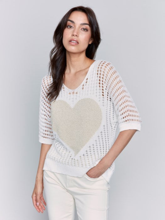 Charlie B Fishnet V-Neck Dolman Sweater with Lurex Heart | White