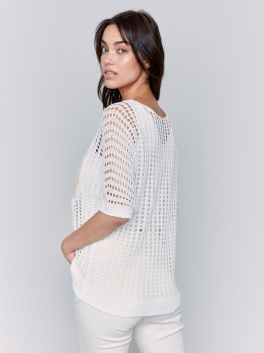 Charlie B Fishnet V-Neck Dolman Sweater with Lurex Heart | White