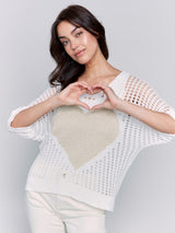 Charlie B Fishnet V-Neck Dolman Sweater with Lurex Heart | White