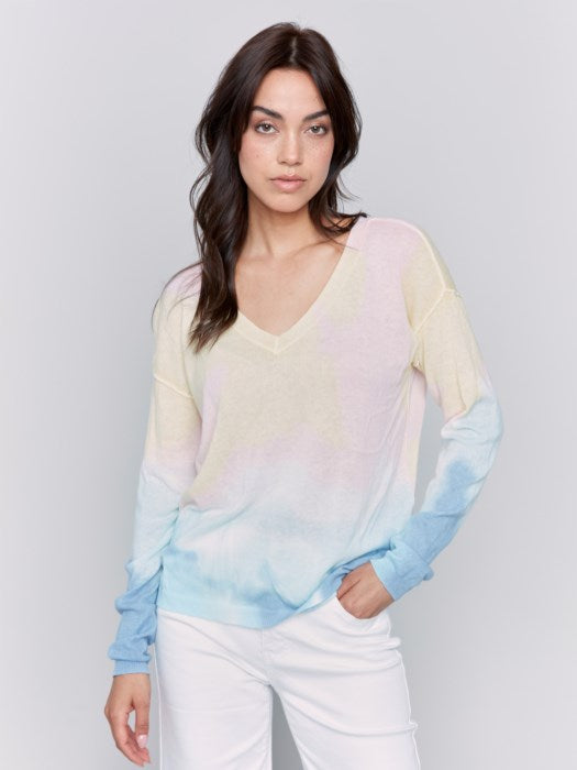 Charlie B Printed Cotton V-Neck Sweater | Tie-dye