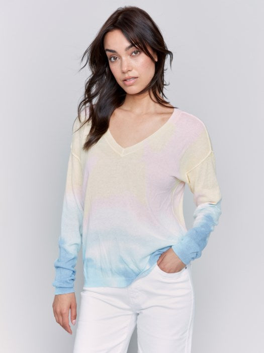 Charlie B Printed Cotton V-Neck Sweater | Tie-dye