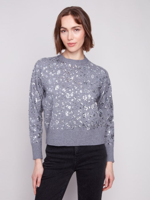 Charlie B Drop Shoulder Sequined Crew Neck Sweater | Dark Heather Grey