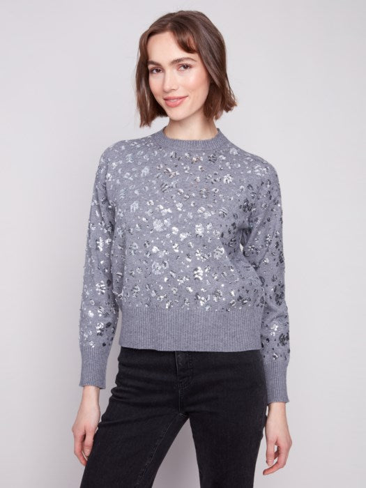 Charlie B Drop Shoulder Sequined Crew Neck Sweater | Dark Heather Grey