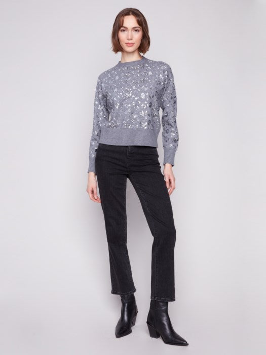 Charlie B Drop Shoulder Sequined Crew Neck Sweater | Dark Heather Grey