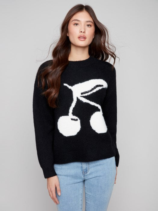 Charlie B Intarsia Cherry Fuzzy Drop Shoulder Sweater | Black