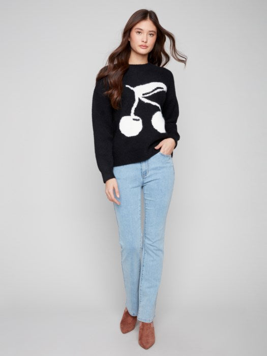 Charlie B Intarsia Cherry Fuzzy Drop Shoulder Sweater | Black