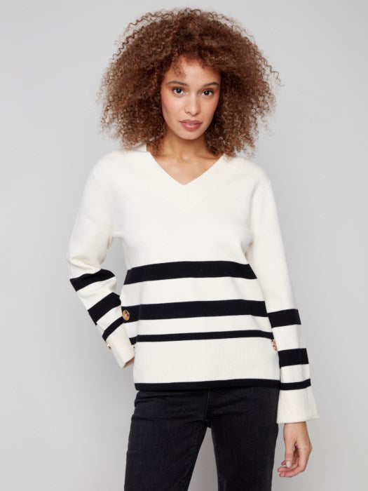 Charlie B Stripe Wide Cuff V-Neck Sweater | Ecru
