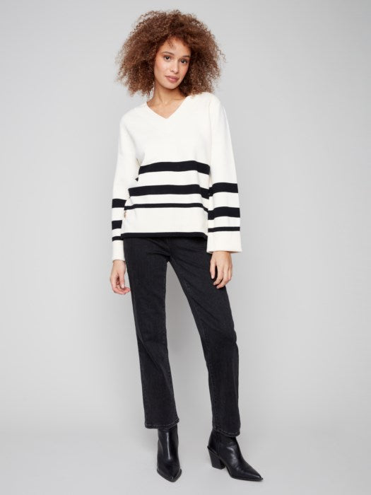 Charlie B Stripe Wide Cuff V-Neck Sweater | Ecru