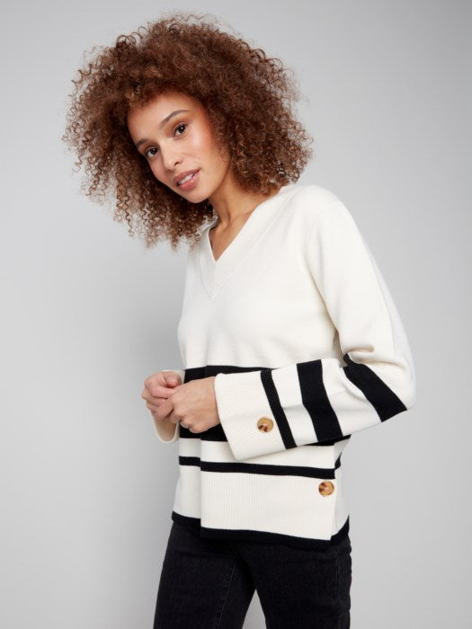 Charlie B Stripe Wide Cuff V-Neck Sweater | Ecru