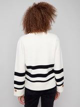 Charlie B Stripe Wide Cuff V-Neck Sweater | Ecru
