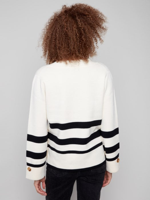 Charlie B Stripe Wide Cuff V-Neck Sweater | Ecru