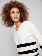 Charlie B Stripe Wide Cuff V-Neck Sweater | Ecru