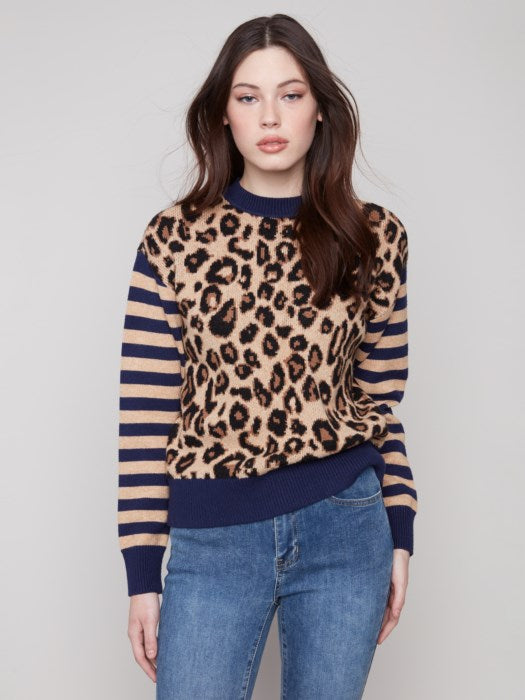 Charlie B Leopard Jacquard with Stripe Sleeve Crew Neck Sweater | Leopard