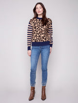 Charlie B Leopard Jacquard with Stripe Sleeve Crew Neck Sweater | Leopard