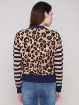 Charlie B Leopard Jacquard with Stripe Sleeve Crew Neck Sweater | Leopard