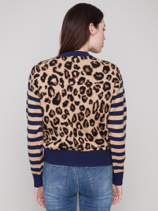Charlie B Leopard Jacquard with Stripe Sleeve Crew Neck Sweater | Leopard